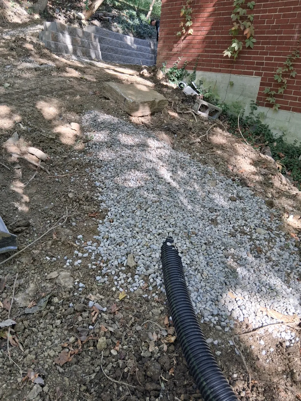 Drainage pipe laid through a gravel trench beside the house in Cincinnati, OH