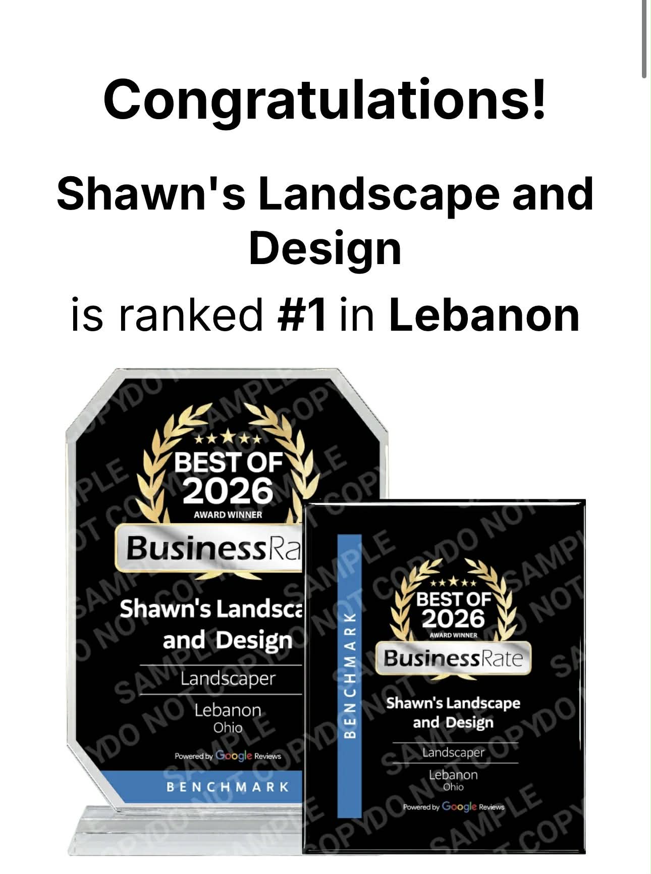2026 BusinessRate Best Landscaper award for Shawn’s Landscape & Design in Lebanon Ohio.